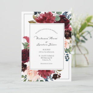 Blush Pink Burgundy Floral Elegant Script Wedding Invitation