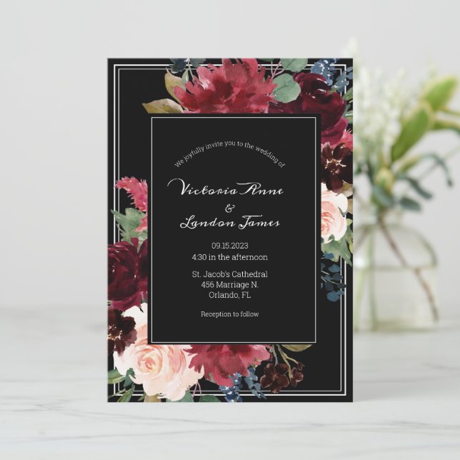 Blush Pink Burgundy Floral Elegant Script Wedding  Invitation (Standing Front)