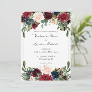 Blush Pink Burgundy Floral Elegant Script Wedding Invitation