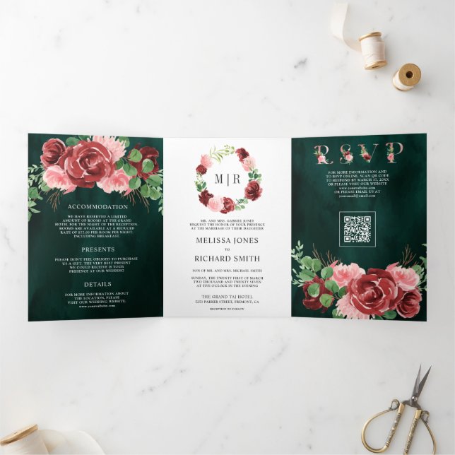Blush Pink Burgundy Floral Emerald QR Code Wedding Tri-Fold Invitation (Inside)