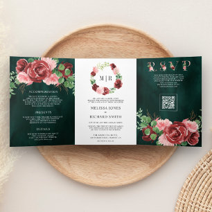 Blush Pink Burgundy Floral Emerald QR Code Wedding Tri-Fold Invitation