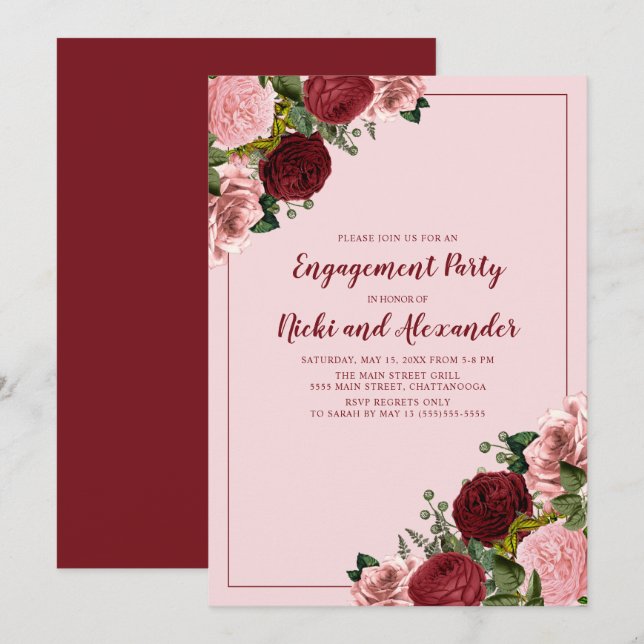 Blush Pink Burgundy Floral Engagement Party Invitation (Front/Back)