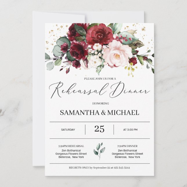 Blush pink burgundy floral eucalyptus rehearsal invitation (Front)