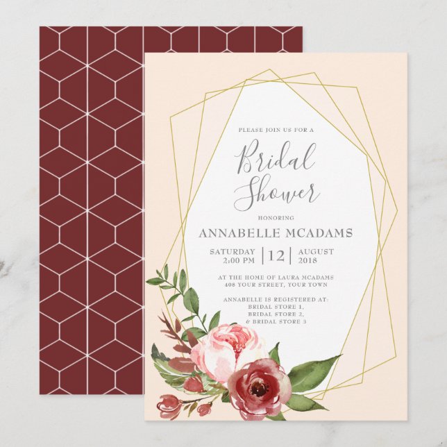 Blush Pink Burgundy Floral Geometric Bridal Shower Invitation (Front/Back)