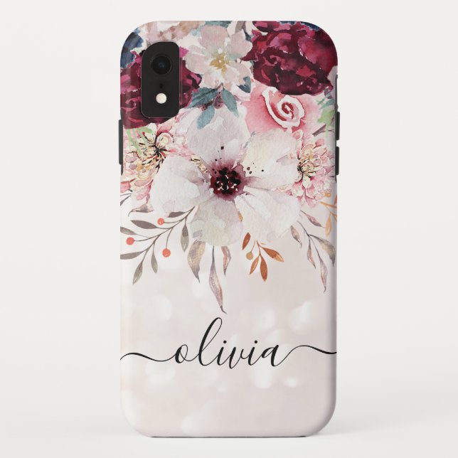 Blush Pink Burgundy Floral iPhone XR Case (Back)