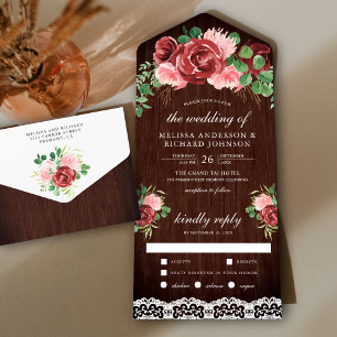 Blush Pink Burgundy Floral Lace Barn Wood Wedding All In One Invitation