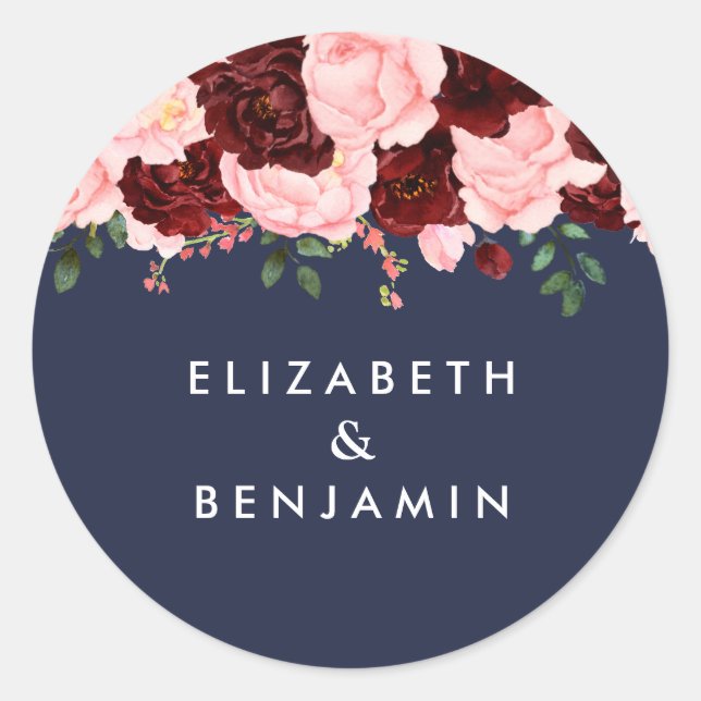 Blush Pink Burgundy Floral Navy Blue Wedding Classic Round Sticker (Front)