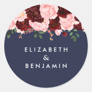 Blush Pink Burgundy Floral Navy Blue Wedding Classic Round Sticker