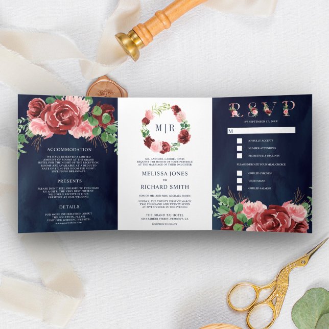 Blush Pink Burgundy Floral Navy Blue Wedding Tri-Fold Invitation (Creator Uploaded)