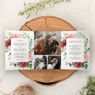 Blush Pink Burgundy Floral Photo Collage Wedding Tri-Fold Invitation