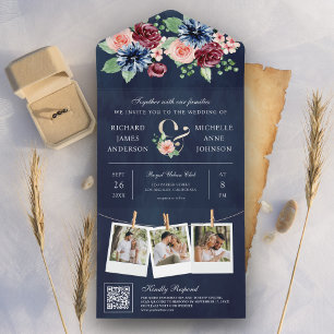Blush Pink Burgundy Floral QR Code Navy Wedding All In One Invitation