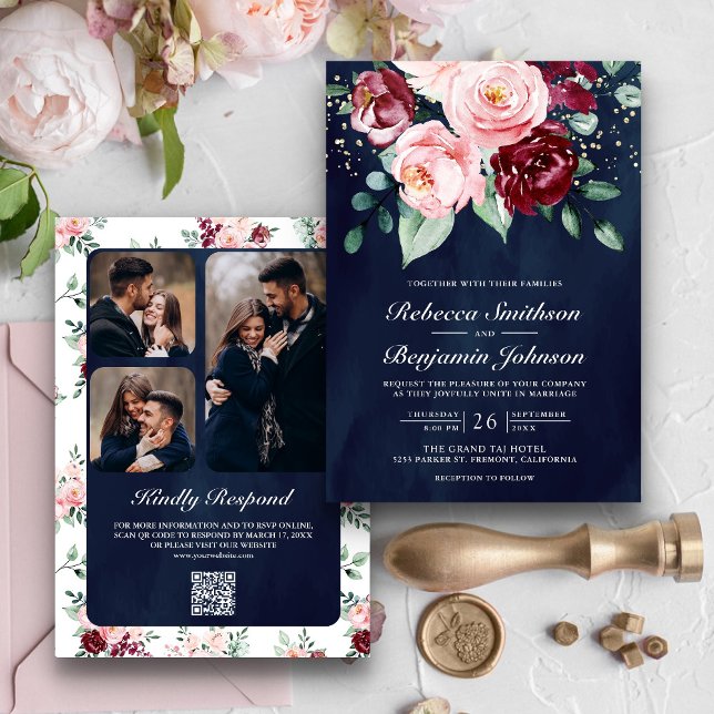 Blush Pink Burgundy Floral QR Code Navy Wedding Invitation (Creator Uploaded)
