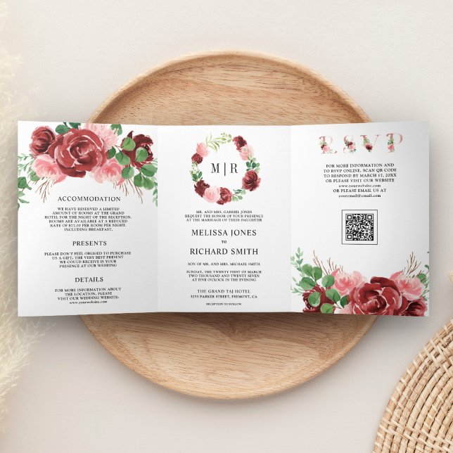 Blush Pink Burgundy Floral QR Code Wedding Tri-Fold Invitation (Creator Uploaded)