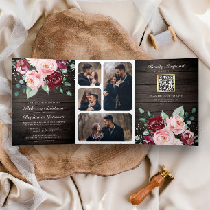 Blush Pink Burgundy Floral QR Code Wood Wedding Tri-Fold Invitation