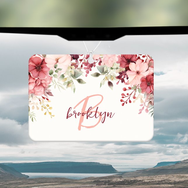 Blush Pink Burgundy Floral Script Monogram Car Air Freshener (Creator Uploaded)
