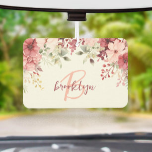 Blush Pink Burgundy Floral Script Monogram Car Air Freshener