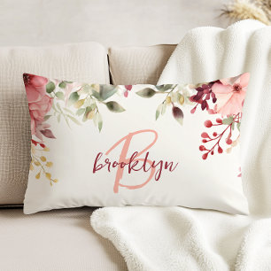 Blush Pink Burgundy Floral Script Monogram  Decorative Cushion