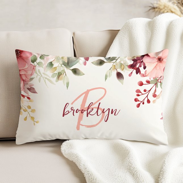 Blush Pink Burgundy Floral Script Monogram  Decorative Cushion (Creator Uploaded)