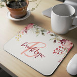 Blush Pink Burgundy Floral Script Monogram  Mouse Mat<br><div class="desc">This elegant personalised mouse pad features a monogram and first name in modern pink and burgundy script. A watercolor arrangement of blush pink and burgundy flowers and greenery adorns the top border.</div>