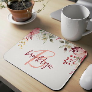 Blush Pink Burgundy Floral Script Monogram Mouse Mat
