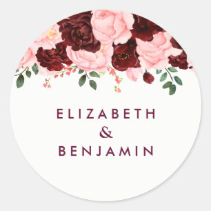 Blush Pink & Burgundy Floral Watercolor Wedding Classic Round Sticker