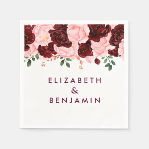 Blush Pink & Burgundy Floral Watercolor Wedding Napkin