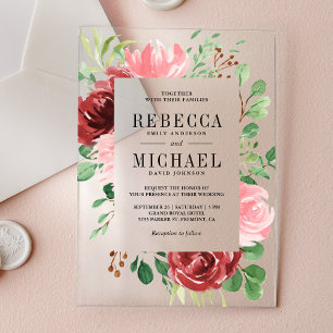Blush Pink Burgundy Floral Wedding Acrylic Invitations