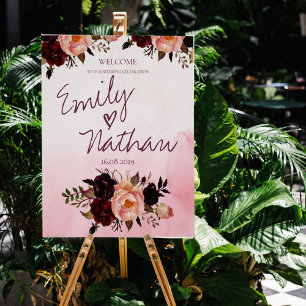 Blush Pink Burgundy Floral Wedding Welcome Poster