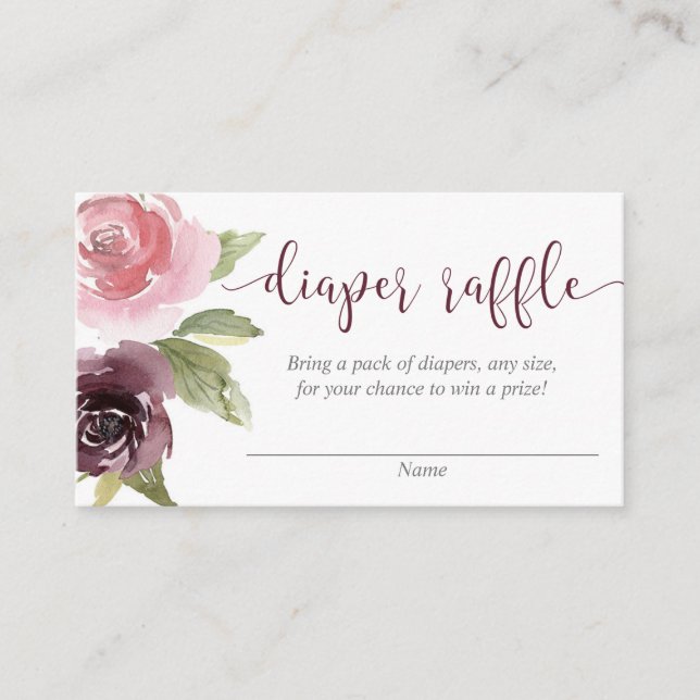 Blush pink burgundy flowers diaper raffle cards (Front)
