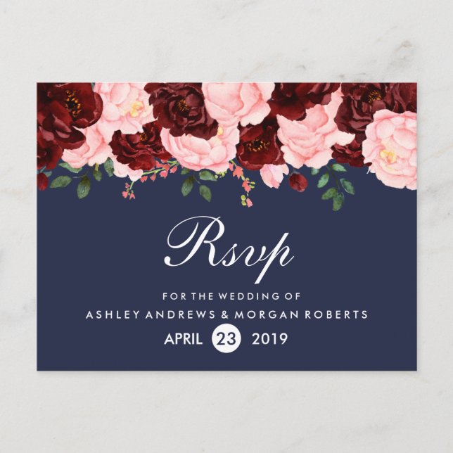 Blush Pink Burgundy Flowers Navy Blue Wedding RSVP Invitation Postcard (Front)