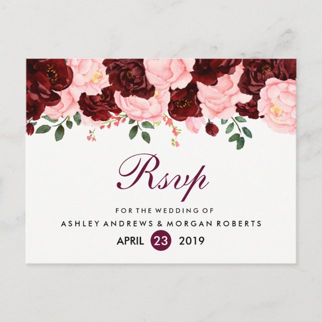 Blush Pink Burgundy Flowers Wedding RSVP Invitation Postcard (Front)