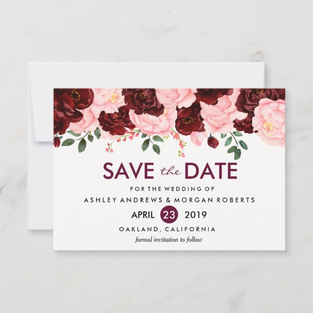Blush Pink Burgundy Flowers Wedding Save The Date (Front)