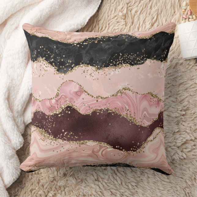Blush Pink Burgundy Gold Black Glitter Cushion (Blanket)
