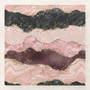 Blush Pink Burgundy Gold Black Glitter Glass Coaster