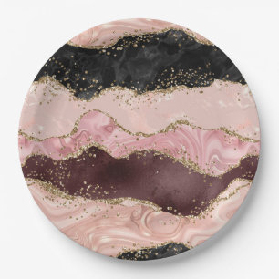 Blush Pink Burgundy Gold Black Glitter Paper Plate