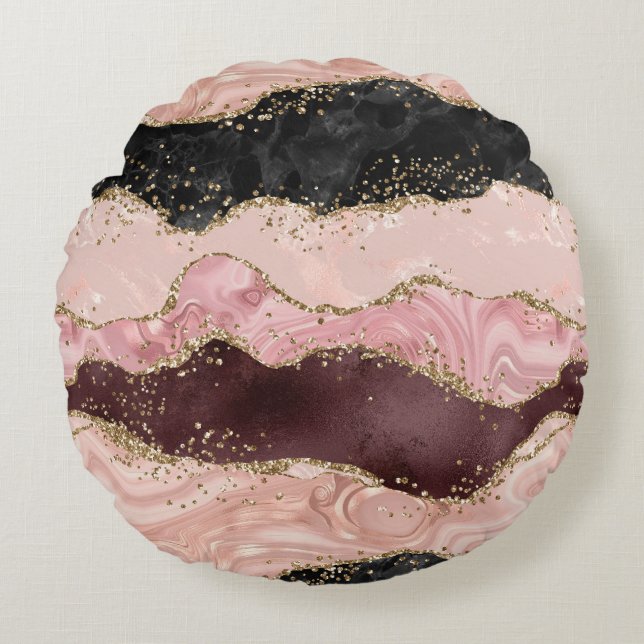 Blush Pink Burgundy Gold Black Glitter Round Cushion (Front)