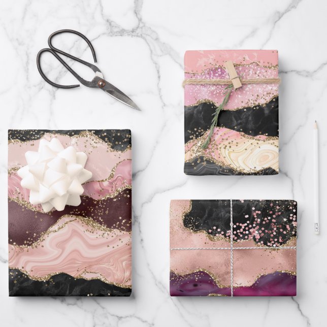 Blush Pink Burgundy Gold Black Glitter Wrapping Paper Sheet (Front)