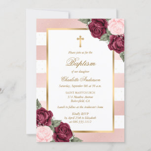 Blush Pink Burgundy Gold Floral Baptism Invitation