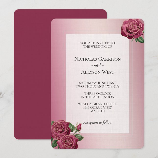 Blush Pink Burgundy Gold Roses Wedding Invitation (Front/Back)