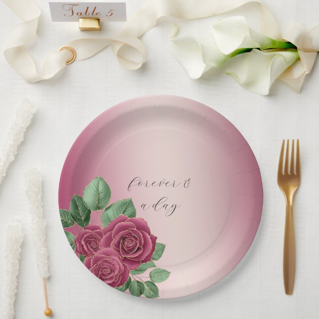 Blush Pink Burgundy Gold Roses Wedding Leaves Paper Plate (Wedding)