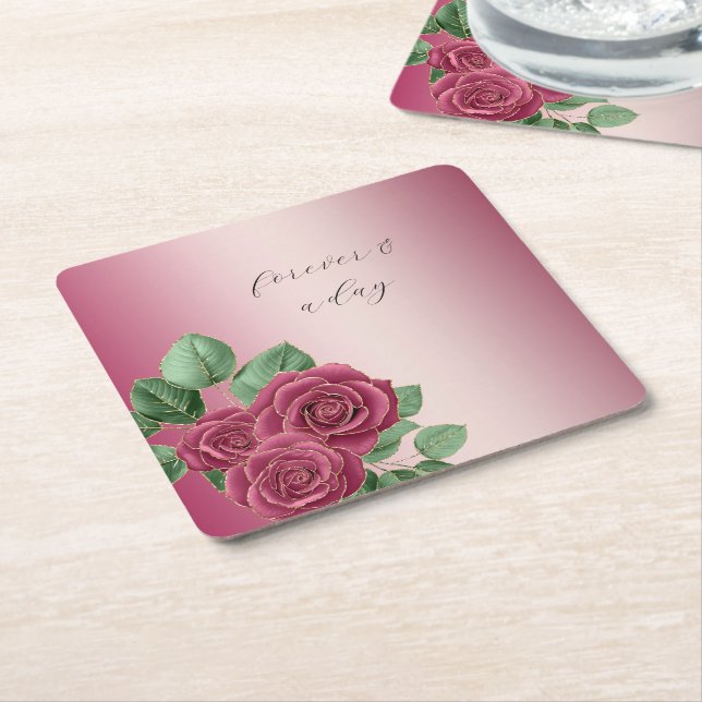 Blush Pink Burgundy Gold Roses Wedding Leaves Square Paper Coaster (Angled)