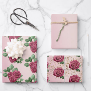 Blush Pink Burgundy Gold Roses Wedding Leaves Wrapping Paper Sheet