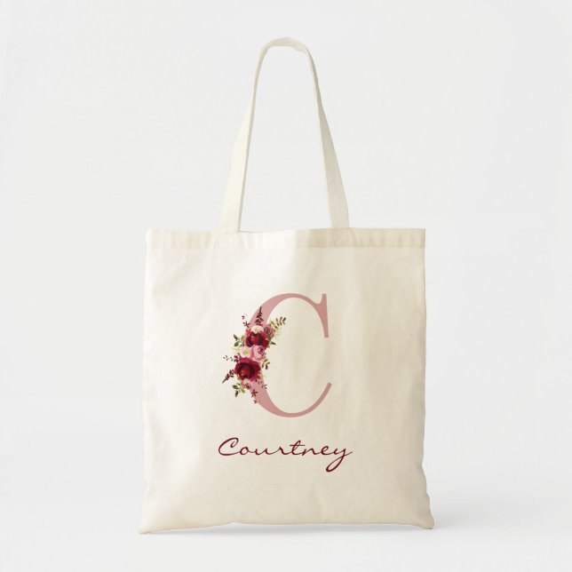 Blush Pink Burgundy Letter C Floral Tote Bag (Front)