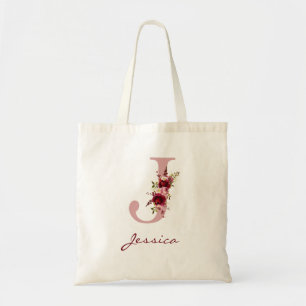 Blush Pink Burgundy Letter J Floral Tote Bag