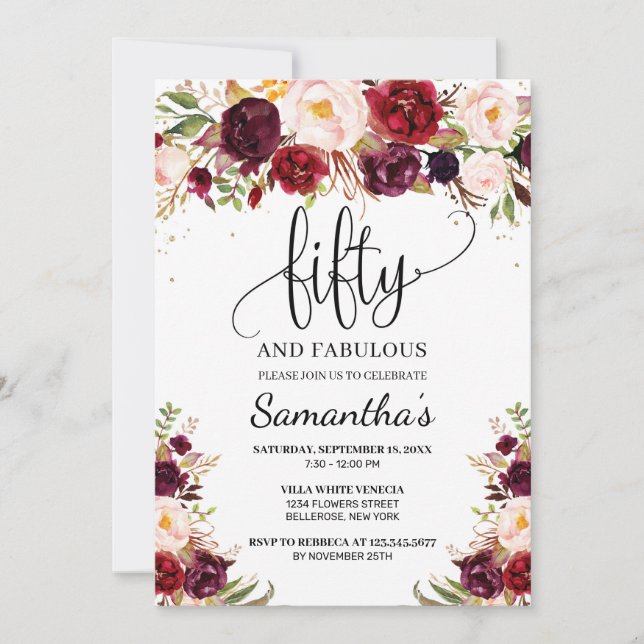 Blush pink burgundy marsala floral 50th birthday invitation (Front)