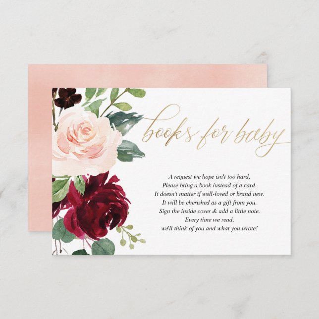 Blush pink burgundy marsala floral books for baby  enclosure card (Front/Back)
