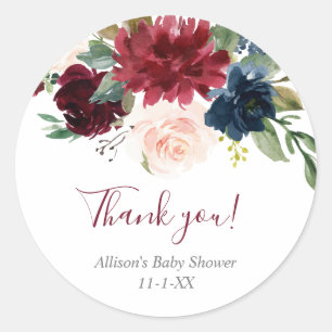 Blush pink burgundy navy blue floral elegant classic round sticker