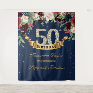 Blush pink burgundy navy floral boho 50th birthday tapestry