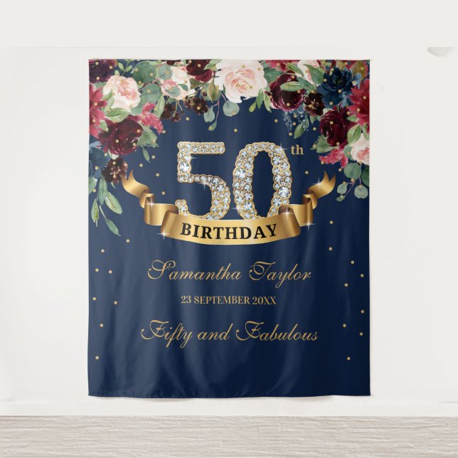 Blush pink burgundy navy floral boho 50th birthday tapestry (Front)