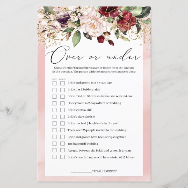 Blush Pink Burgundy Over Or Under Game Floral (Front)